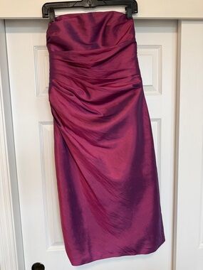 Strapless Ruched Satin Dress in Deep Magenta